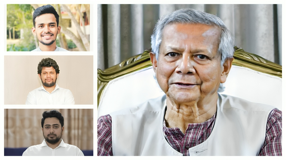 প্রধান উপদেষ্টা ড. ইউনূস, আসিফ মাহমুদ, মাহফুজ আলম ও নাহিদ ইসলাম। ছবি : সংগৃীহত